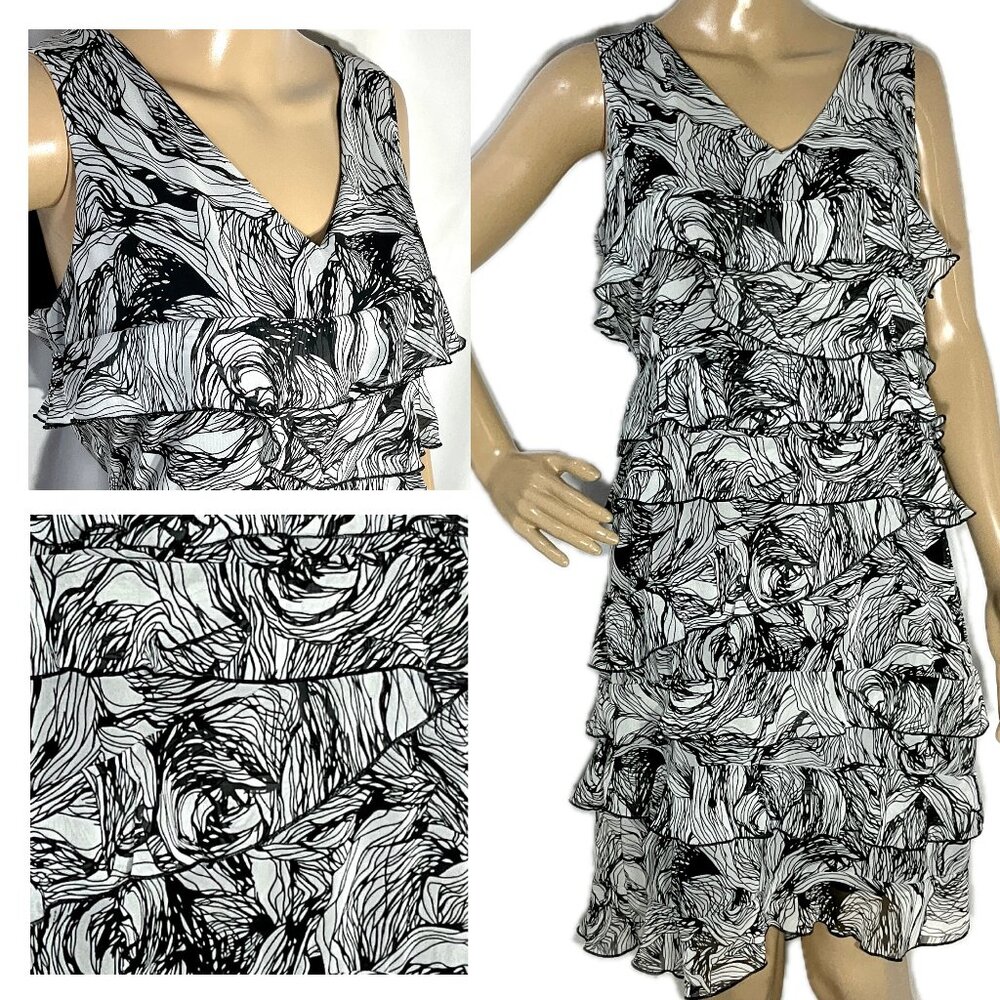 Jonathan Martin Sz 12 Black & White Knee Length Ruffle Dress Womens Flowy Lined